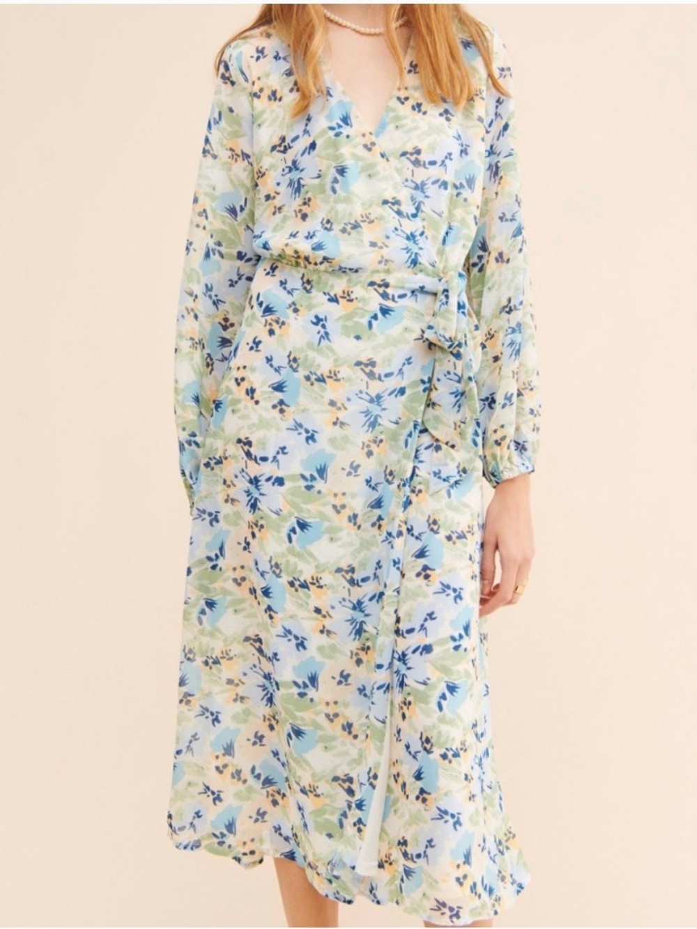 Anthropologie ICHI Adiline Long Sleeve Floral Wrap Midi Dress Blue EU40/US8